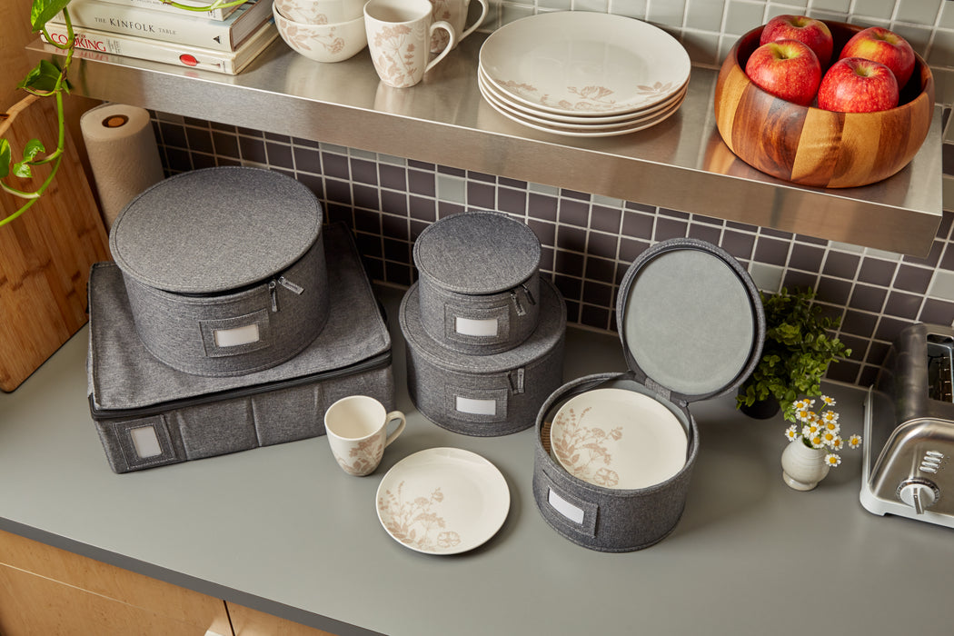 Dinnerware Plate and Cup Storage Set – 5 Piece, Non-Quilted, Grey