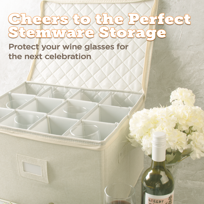 StorageLAB Wine Glasses Storage Container for Kitchen Organization – Quilted, Cream or Grey