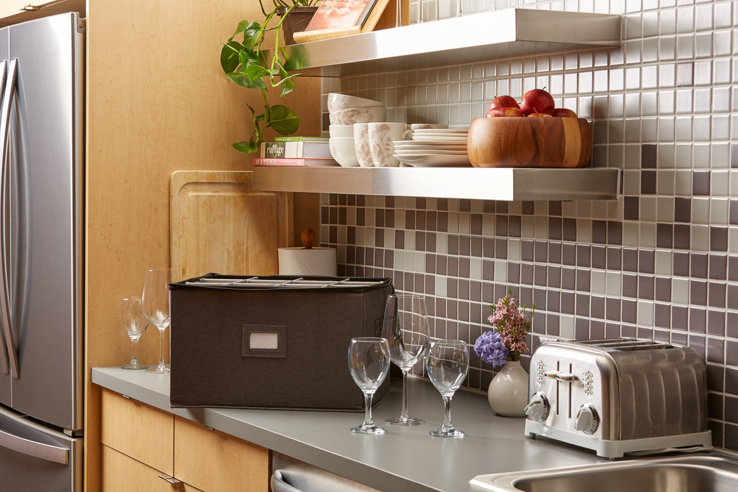 Wine Glass Storage Box With 12 Dividers - Stemware Protector Case With Handles, Label Window For Party & Travel