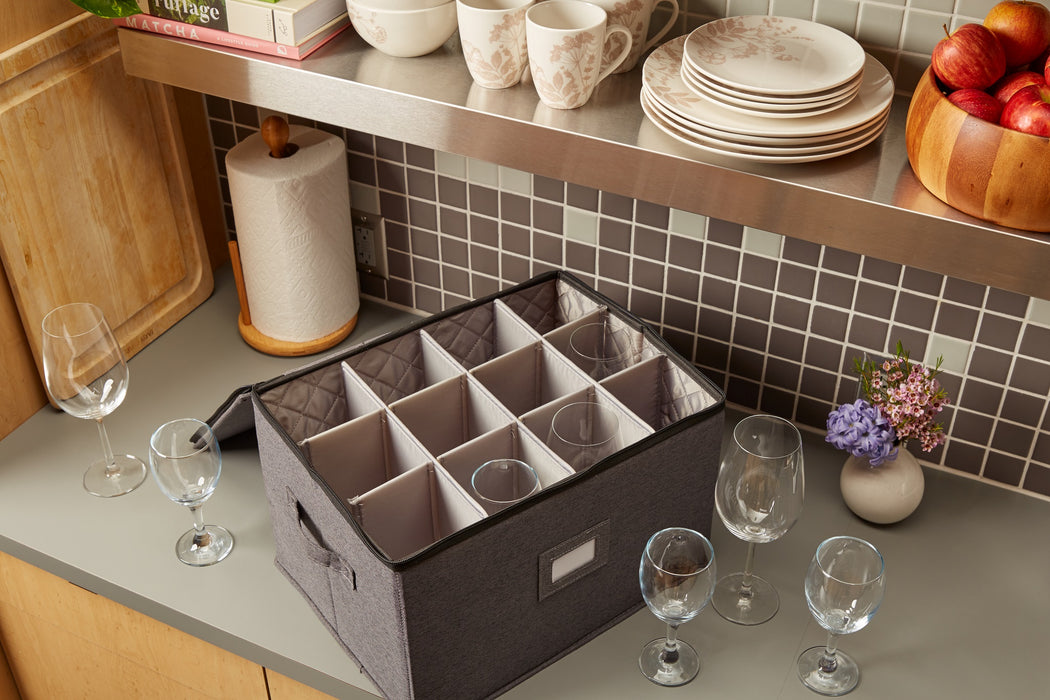 StorageLAB Wine Glasses Storage Container for Kitchen Organization – Quilted, Cream or Grey
