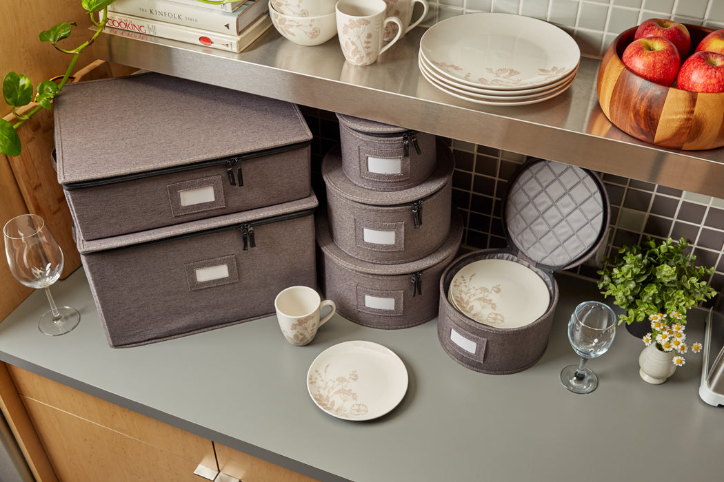 Dinnerware Plate, Cup, and Glassware Storage Set – 6 Piece, Quilted, Grey